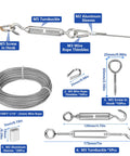 Turnbuckle Wire Tensioner Kit 100 Feet Vinyl Coated Stainless Steel Cable with M5 Turnbuckles and accessories for outdoor projects.