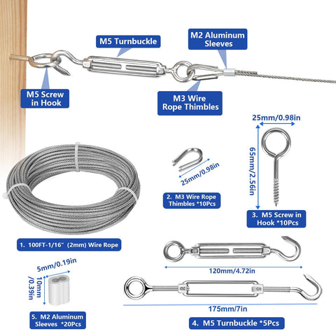 Turnbuckle Wire Tensioner Kit 100 Feet Vinyl Coated Stainless Steel Cable with M5 Turnbuckles and accessories for outdoor projects.