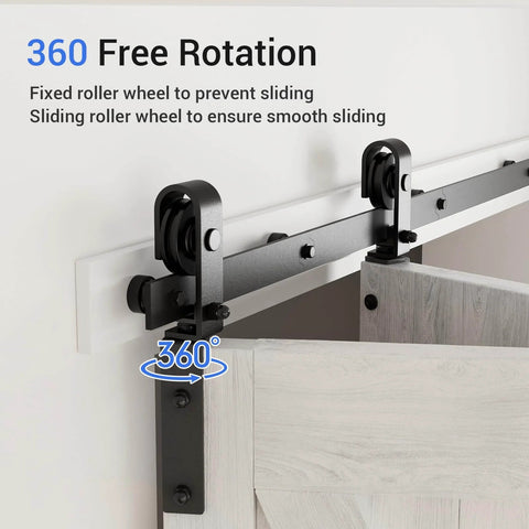 40 Inch Bi Folding Sliding Barn Door Hardware Kit For Two Doors With Smooth Quiet Operation, black J shape rollers close-up.