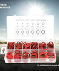 KickAss 600 Pieces Pro Grade Insulating Washers Assortment Kit With 12 Sizes Featuring Red Steel Paper Fiber Flat Rings Packed In A Box Built To Prevent Short Circuits To Keep All Safe During Repair Work Or Installation Tasks At Home Or Garage. open box of 12-size red fiber washers
