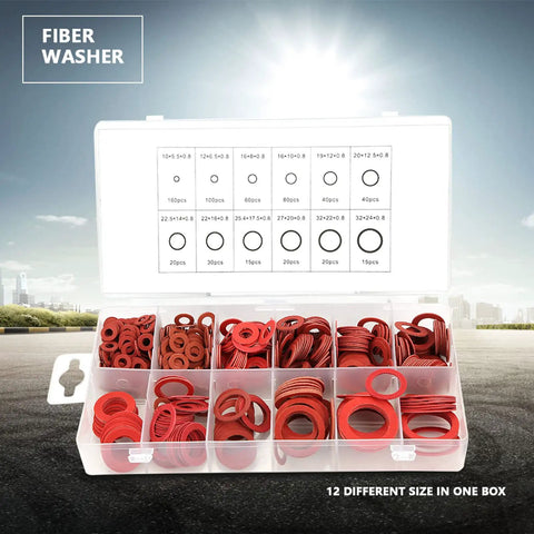 KickAss 600 Pieces Pro Grade Insulating Washers Assortment Kit With 12 Sizes Featuring Red Steel Paper Fiber Flat Rings Packed In A Box Built To Prevent Short Circuits To Keep All Safe During Repair Work Or Installation Tasks At Home Or Garage. open box of 12-size red fiber washers