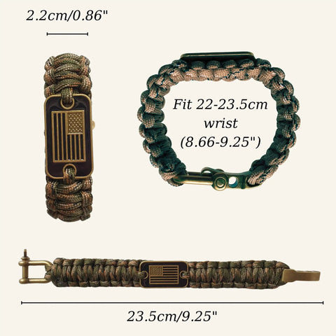 Paracord Bracelet For Men Tactical Survival Gear With Bronze USA Flag Charm Adjustable Three Size Fit Green Camo