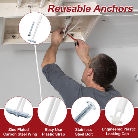 Man using heavy duty drywall anchor bolts set for TV mounting kits three sixteenths inch bolts stainless steel hollow wall anchors holds up to two hundred forty pounds on half inch drywall 22 pack