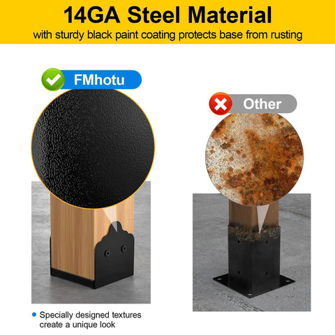 Comparison of a rusted bracket and a black-coated post base showing 14GA steel material for Stainless Steel 6x6 Post Base Bracket Set Adjustable Internal 5.5 by 5.5 Inch Mount for Pavilion Deck Porch Handrail Railing Support Decorative Anchor Plate Built Tough Easy Install Outdoor.