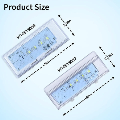 Image showing sizes of WPW10515057 and WPW10515058 from the 3 Pack Refrigerator LED Light Set with Tapered Lens for Fridge and Freezer