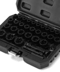 34 Piece Impact Bolt Extractor Kit For Stripped Bolts And Nuts Remover Socket Set in a black case, showing various socket sizes.