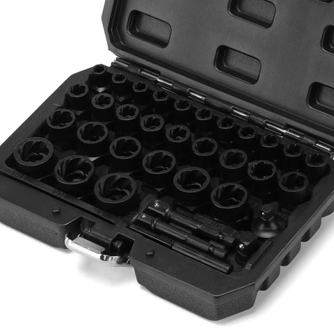 34 Piece Impact Bolt Extractor Kit For Stripped Bolts And Nuts Remover Socket Set in a black case, showing various socket sizes.