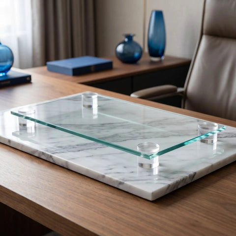 Glass tabletop on marble base supported by 16 Pack Rubber Feet For Glass Furniture Grippy Cushions Dots Soft Spacer Pads