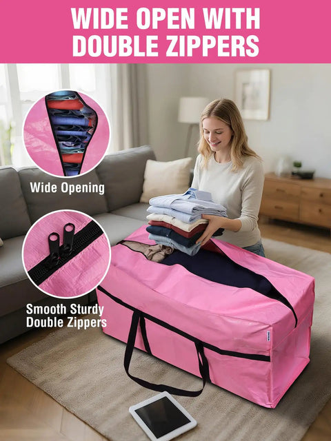 Big Ol 66 Gallon Extra Large Moving Bags With Zippers And Carry Handles Heavy Duty Storage Totes 45 X 16 X 22 Inches For Moving Dorm Move In And Storage Organization Holds Up To 110 Lbs Pink being packed on couch