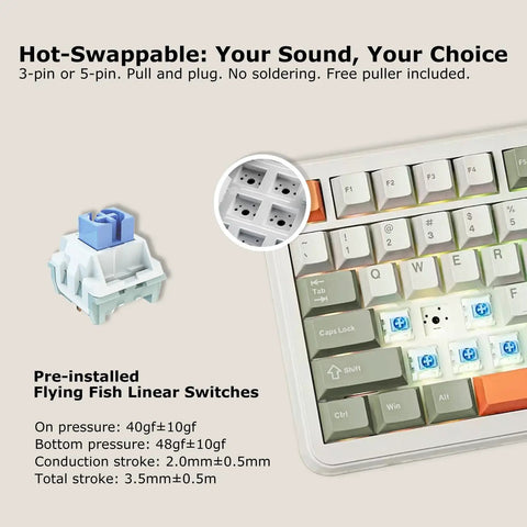 Solid 75 Percent Mechanical Keyboard With Hot Swappable Linear Switches, Gasket Build For Smooth Feel, Tri Mode Wireless, 8000 Mah Battery, Pbt Keycaps With Rgb Backlighting For Gaming And Office Setup Vibes showcasing hot-swappable switches and keycap details.