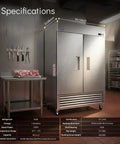 49 Cu Ft Commercial Freezer Double Door Reach In Stainless Steel Upright with smooth digital temp control in a kitchen.