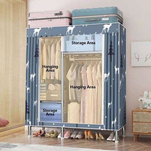 Hella Roomy Portable Canvas Wardrobe With Reinforced Steel Tubing And Full Hanging Rail showing organized storage areas and hanging clothes.