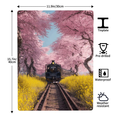 Vintage Steam Train Under Cherry Blossom Tunnel Metal Tin Sign 12x16 Inch Yellow Wildflowers Artwork Rustproof Waterproof