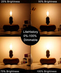 Dimmable T6 LED Bulb 25W Candelabra E12, 2700K Warm White showing 25%, 50%, 75%, 100% brightness levels in a lamp