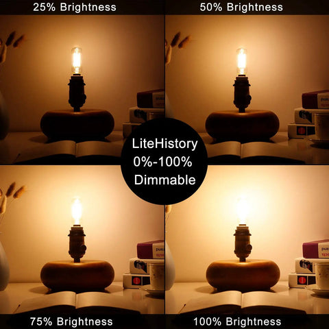 Dimmable T6 LED Bulb 25W Candelabra E12, 2700K Warm White showing 25%, 50%, 75%, 100% brightness levels in a lamp