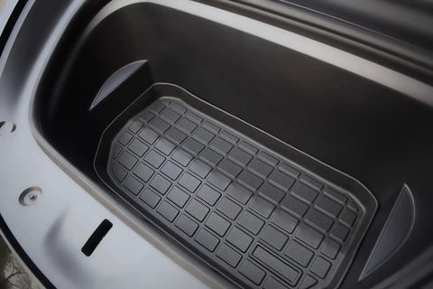 Tesla Model Y 2021 Refresh Frunk Liner Hecka Tough TPE Rubber Cargo Floor Mat custom fit in the frunk, showing texture and contours.