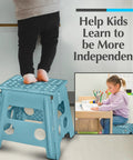 Child standing on teal foldable step stool in kitchen, with text 'Help Kids Learn to be More Independent'; Foldable Step Stool For Home Use, Lightweight And Built Tough With 300 Lb Capacity, One Flip Open Design, Safe For Kids And Adults, Ideal For Kitchen, Bathroom, Or Bedroom, Teal 13 Inch.