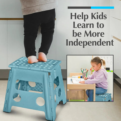 Child standing on teal foldable step stool in kitchen, with text 'Help Kids Learn to be More Independent'; Foldable Step Stool For Home Use, Lightweight And Built Tough With 300 Lb Capacity, One Flip Open Design, Safe For Kids And Adults, Ideal For Kitchen, Bathroom, Or Bedroom, Teal 13 Inch.