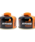 Jetpower Fuel Canisters For Camping Stoves Two Pack 100 Gram Iso Butane Propane Mix Displayed Side by Side