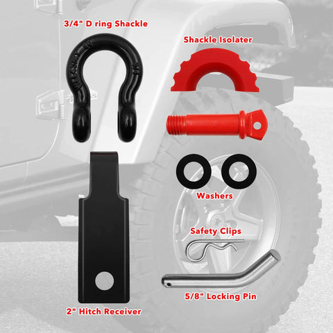 Off Road Tow Ready Hitch Receiver Kit With 2 Inch Receiver And Three Quarter Inch D Ring Shackle, 42,000 Lbs Break Strength, Five Eighth Inch Screw Pin, Tow Strap And Winch Recovery Gear, Push To Lock Pin, Bumper Protector, Noise Reduction Washers, close up on components, 3/4" D-ring, 5/8" pin, isolator, safety clips, receiver