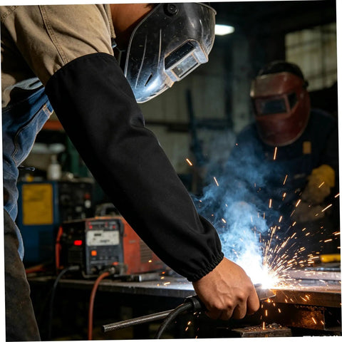 Heavy Duty Fire Retardant Welding Sleeves Featuring A Locksteady Snug Fit and Next Level Heat Resistant Arm Guards Crafted From Premium Cotton For Zero Hassle Shop Grind And Mechanic Jobs Delivered As One Pair In Classic Black during welding.