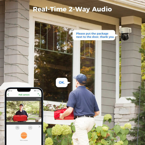 Auto Tracking 4K PoE PTZ Outdoor Security Cam With 330 Degree Pan And 90 Degree Tilt, 2 Way Audio, mounted on home exterior