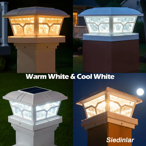 Solar Post Cap Lights For 4x4 5x5 6x6 Posts, 8 LED Outdoor Fence Deck Pathway Lights with Warm White and Cool White modes