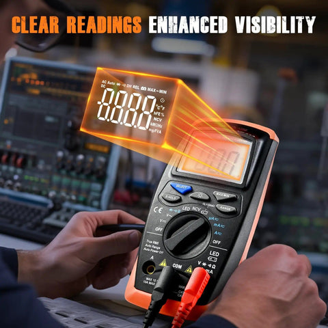 Digital Multimeter Voltage Tester 2000 Counts in use with enhanced visibility display, featuring AC/DC measurement settings.