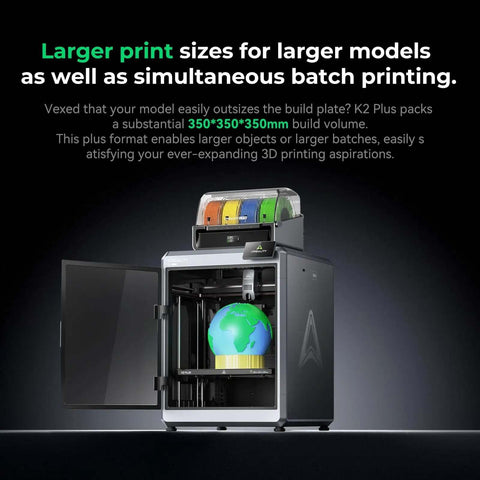 Front view of K2 Plus Combo 3D Printer With All New CFS Color System For Multi Color Printing up to 16 colors, massive build volume.