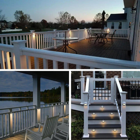 Low Voltage 12V Outdoor Landscape Deck Light Set, LED 2W Step Lights in Die Cast Aluminum With White Powder Coat, installed on deck