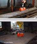 Smooth Operator Heavy Duty Manual Magnetic Lifter with Rock Solid On Off Handle lifting round steel pipe in workshop.