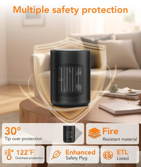 Compact Indoor Space Heater With Digital Display And Remote, 1500W PTC Ceramic Fast Heat, shown with safety features in living room