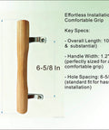 Natural Solid Wood Sliding Patio Door Handle With Ergonomic Curved Grip For Comfortable Pulls Wooden Sliding Glass Door Handle Designed For Patio And Screen Doors Replacement Pull With Diecast Chrome Brackets Measures Six And Five Eighth Inches, shown with dimensions