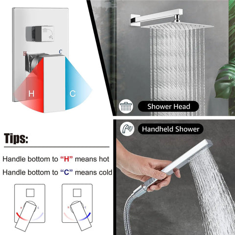 Wall Mount Shower System With Square Rain Head And Hand Sprayer Includes Rough In Valve Body And Trim Kit 10 Inch Chrome Finish
