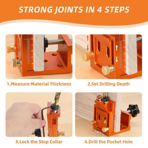 All In One Pocket Hole Jig Kit For Super Strong Hidden Joints With 15 Degree Adjustable Drill Guide Easy Angled Hole Setup 4-step process