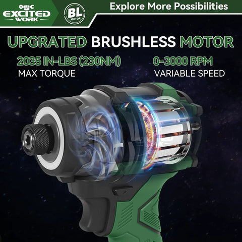 Close-up view of mechanism in 21V Brushless Impact Screwdriver Kit With 230Nm Torque, Cordless Driver Set, Dual 3.0Ah Batteries