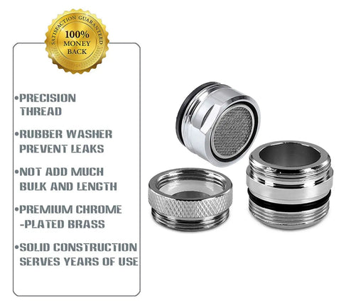 Brass Faucet Adapter Kit With Male And Female Adapters For Kitchen Sink To Garden Hose Water Filter Dishwasher And Standard Hose Diverter, Easy Hookup With Thread Seal Tape, Plug And Play So You Never Worry About Leaks, showing three brass adapters and product features badge.