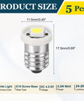 5 Pack Kickass E10 Screw Base LED Bulbs With Sweet Bright White Glow For Flashlights Dash Gauges Mini Switches Hobby Circuits And Tiny Electronics Built Badass Strong And Totally Plug And Play Ready - Close-up of E10 bulb size and specifications.
