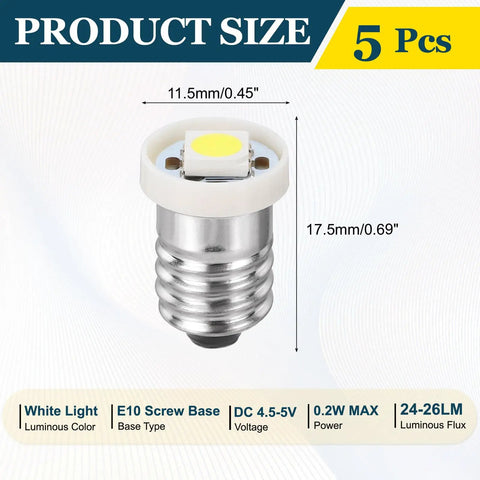 5 Pack Kickass E10 Screw Base LED Bulbs With Sweet Bright White Glow For Flashlights Dash Gauges Mini Switches Hobby Circuits And Tiny Electronics Built Badass Strong And Totally Plug And Play Ready - Close-up of E10 bulb size and specifications.