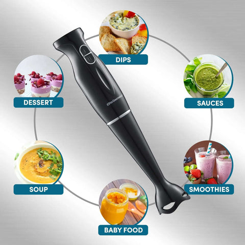 Heavy Hitter Immersion Hand Blender Packs A Killer 300 Watt Motor With Two Adjustable Speeds To Quickly Blend Silky Smoothies Thick Soups And Baby Food No Drama with images of uses.