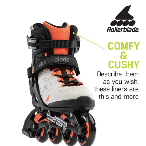 Macroblade 80 Women's Fitness Inline Skates, size 7, grey and coral, stable cuff, breathable liner, 80mm wheels, front view.