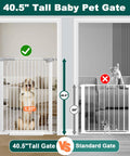 Comparison of a 40.5-inch tall baby pet gate next to a standard gate with a dog and cat demonstrating height difference.
