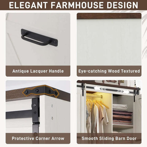 Detail view of 4 Door Armoire Wardrobe With Sliding Barn Doors LED Lighting Drawers And Hanging Rod Freestanding Wooden Closet features