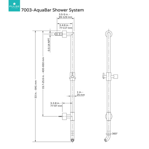 Technical diagram of AquaBar Shower System With 5 Function Hand Shower Slide Bar Brushed Nickel Finish No Drill Surface Mounted Retrofit