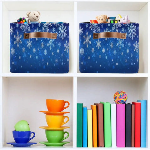 Dang Cool Canvas Storage Basket With Sparkly Winter Snowflake Pattern, filled with toys, displayed on a shelf.