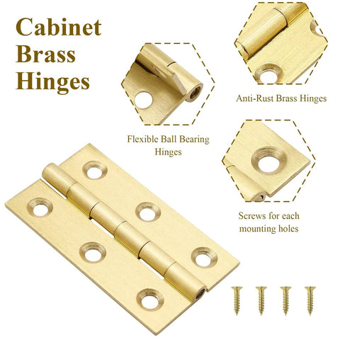 Eight 2.5 Inch Brass Butt Hinges Set for Cabinet Doors, Boxes, Jewelry Boxes, and Small Furniture in Gold Finish, screws included