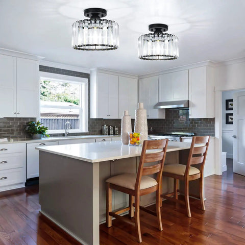 Semi Flush Mount Crystal Ceiling Light Fixture With Black Metal Cage in modern kitchen.