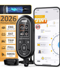 Bluetooth OBD2 Scanner 2 In 1 Car Diagnostic Tool with Smart App, showing device, packaging, and smartphone app interface.