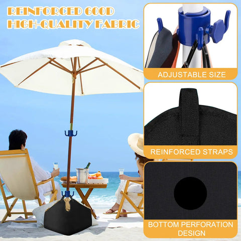 Fillable Sand Bags For Umbrella Bases With 2 Hanging Hooks, Portable Beach Umbrella Weights, Heavy Duty 600D Oxford