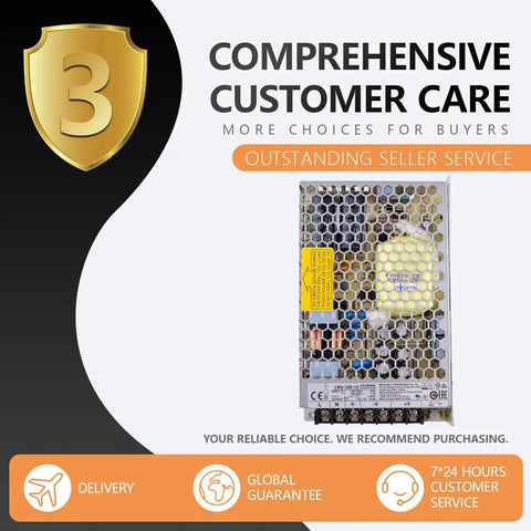Heavy Duty 150 Watt 12 Volt Enclosed Switching Power Supply Ultra Slim Fanless Design displayed with customer care details.